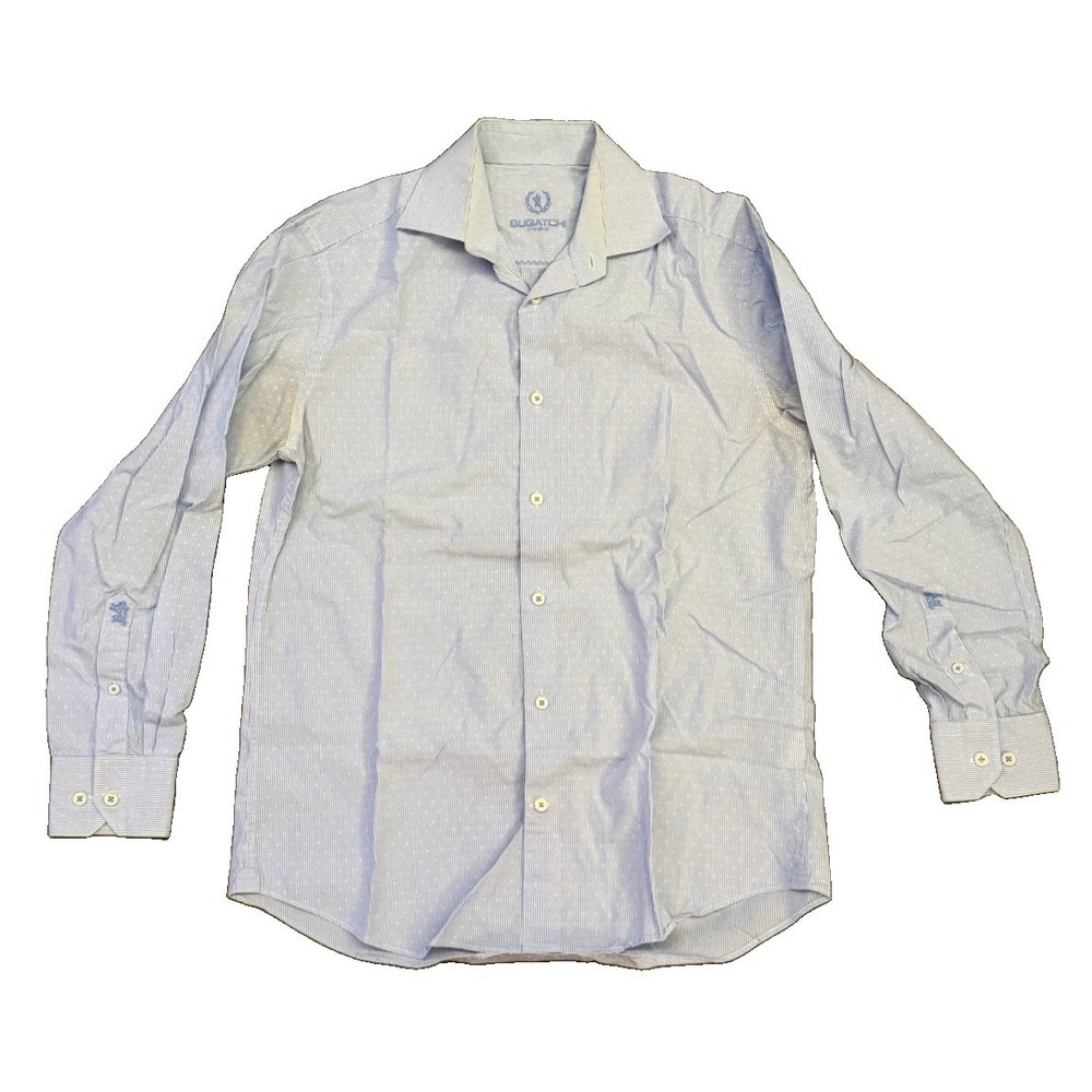 Bugatchi Uomo Dress Shirt Men's 17.5 32/33 Blue White Striped Long Sleeve